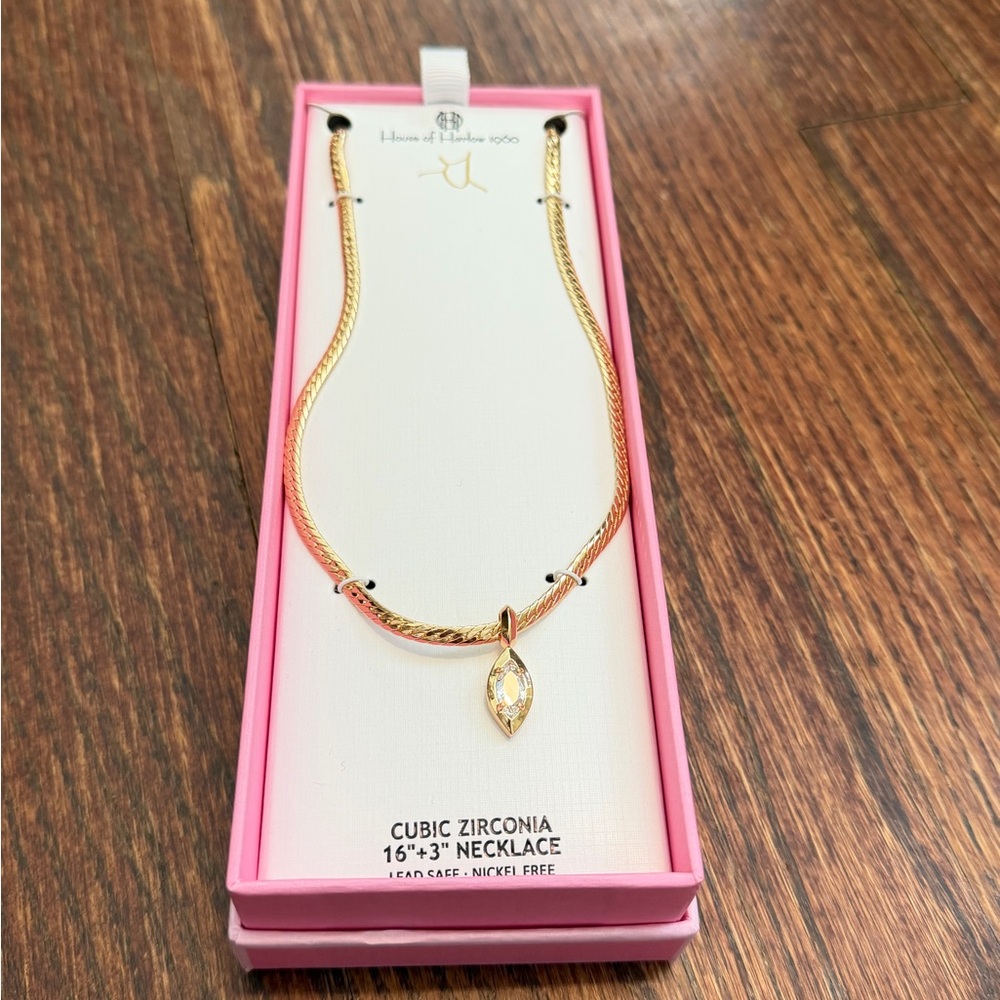 House of Harlow 1960 Gold Necklace with Cubic Zirconia Marquise Pendant